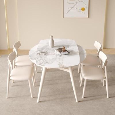 可伸缩折叠圆餐桌现代简约家用小户型实木奶油风格岩板餐桌椅组合