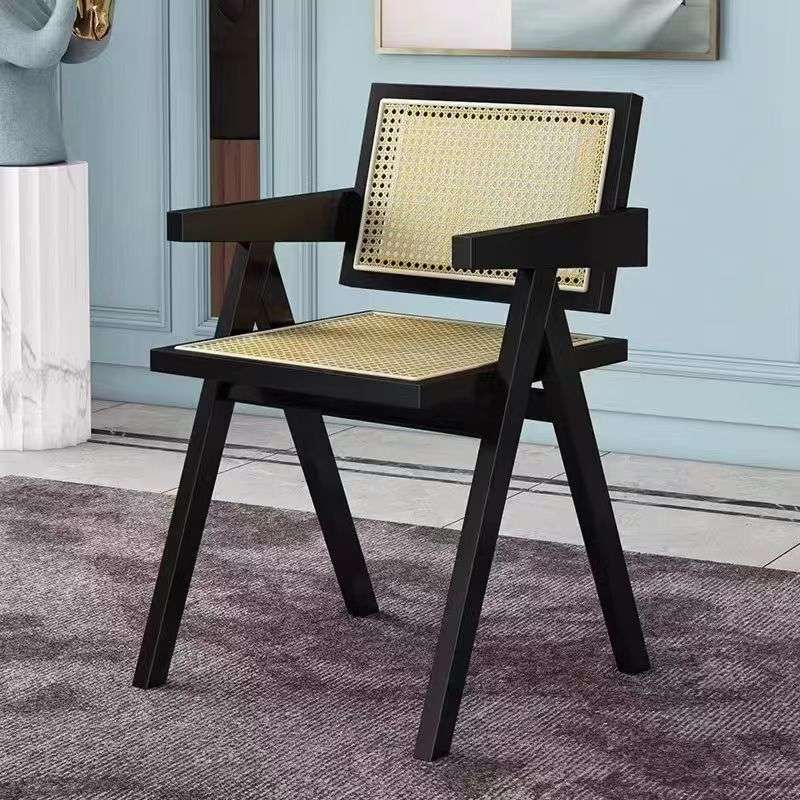 实木餐椅家用昌迪加尔椅中古风扶手藤编椅子咖啡店简现代休闲藤椅
