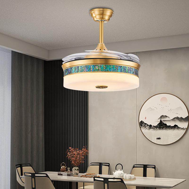 新中式全铜云石隐形风扇吊灯现代中国风家用餐厅卧室客厅云石吊灯