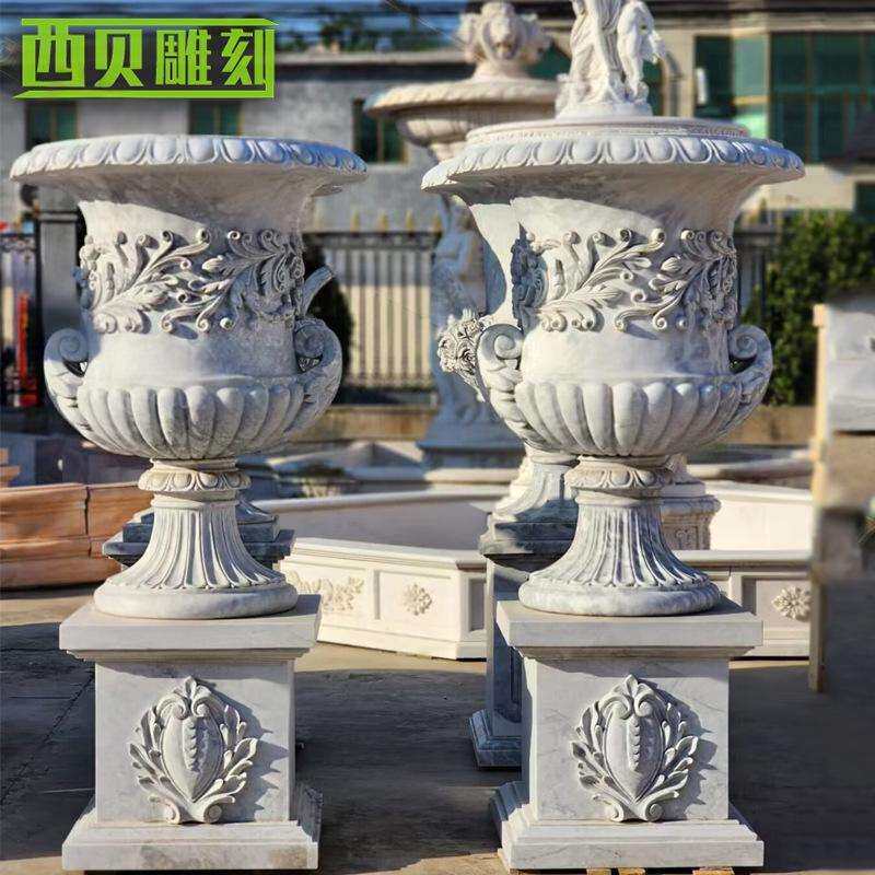 曲阳石雕花盆厂家欧式景观大理石种植花盆公园广场石头花钵摆件