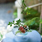 中式 果盘剑山插花器茶席高脚透明 花瓶桌面摆件玻璃花盘纹石皿日式