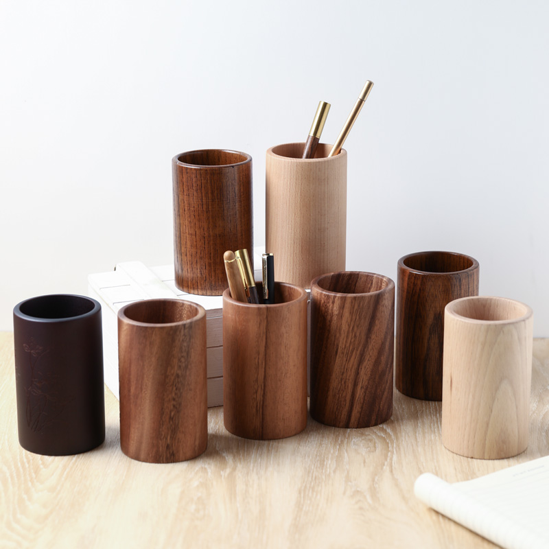 实木圆形笔筒个性创意整木笔u桶桌面简约摆件多功能收纳盒刻字log