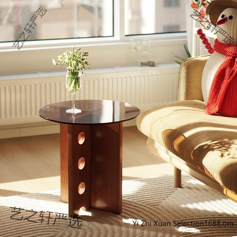 实木沙发洞洞边几法式中古茶几桌子钢化玻璃茶几复古小圆桌