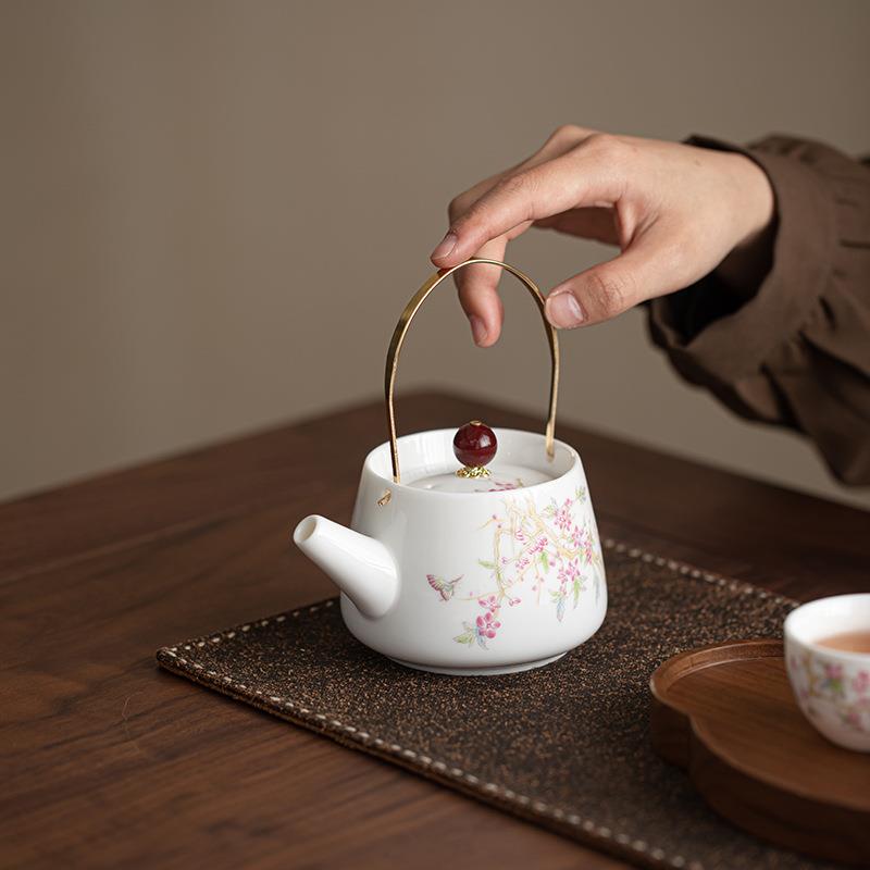 紫藤花羊脂玉小提梁壶单壶女士一人饮泡茶壶家用办公室泡茶器陶瓷
