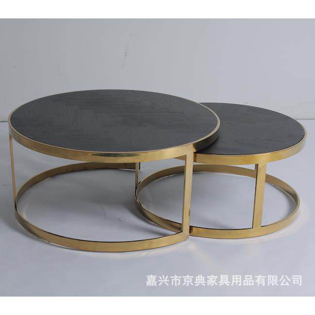 2021现代奢华北欧设计圆形木制混皮顶层不锈钢嵌套家具咖啡桌套装