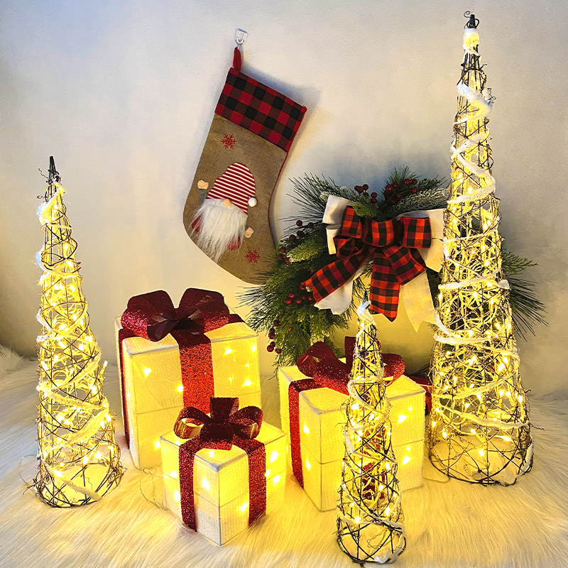 圣诞礼物盒树塔发光摆件三件套D桌面装饰圣诞节场景氛围布置