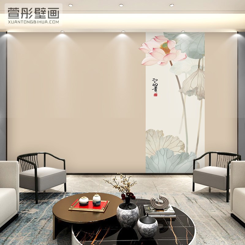 新中式淡雅水墨荷花古风s客厅沙发影视墙布电视背景墙壁纸莲花壁