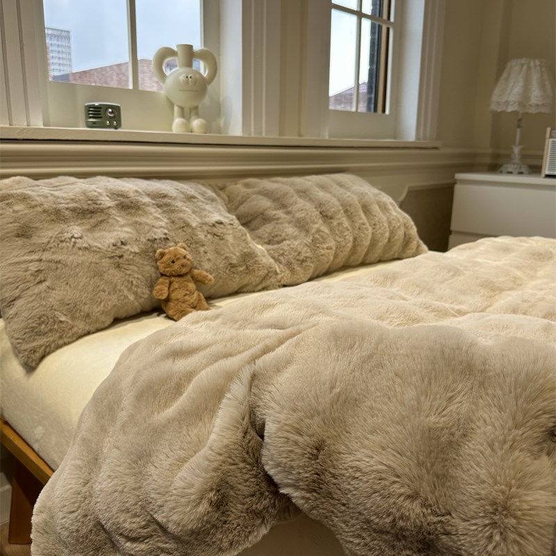 日系冬季波浪兔兔绒珊瑚米咖四件套珊瑚绒1J.5m1.8保暖法兰绒加厚