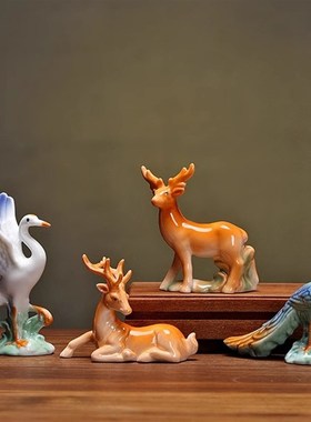 陶瓷小动物摆件孔雀鹿仙鹤茶桌玄关L摆件水族陶瓷小工艺品
