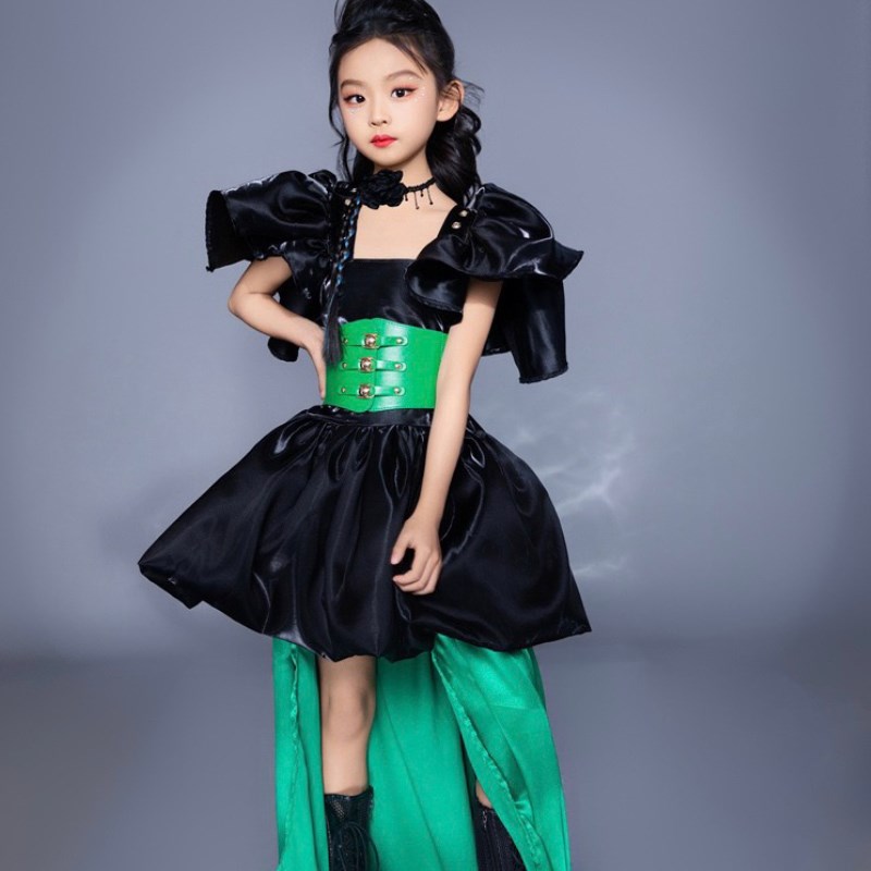 女童走秀礼服拖尾黑色少儿u模特T台潮服车模女王中大童蓬蓬裙高端
