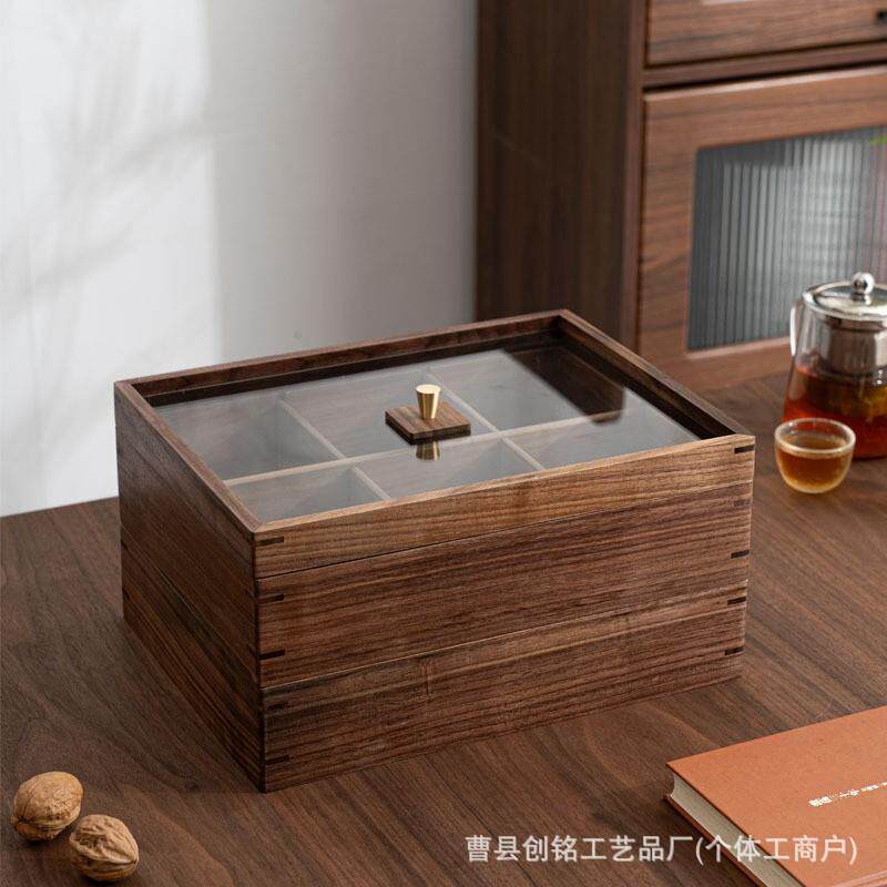 现货黑胡桃木干果盒果盘中式家用多层实木糖果盘透明带盖收纳盒