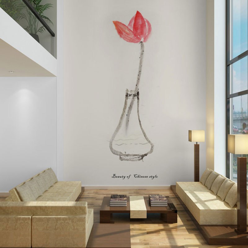 新中式荷花壁布复式挑q高背景墙壁画简约墙纸走廊玄关过道壁纸墙