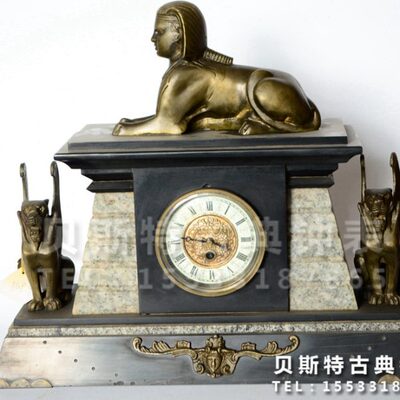 理石铸铜狮身人面双兽钟|机械座钟家居装饰|仿复古作旧座钟|台钟