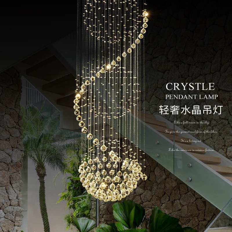 跨境简约水晶灯复式楼梯吊灯 跨境直销客厅吊线灯旋转长吊灯