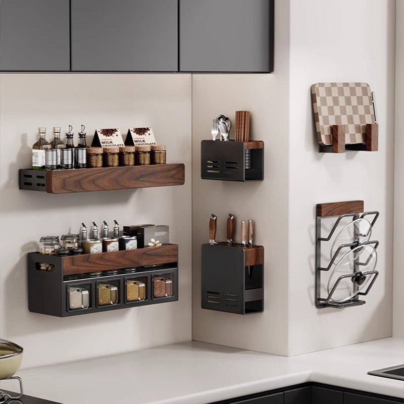 北美胡桃木厨房多功能置物架筷勺壁挂油盐醋罐收纳调Y味料品架刀