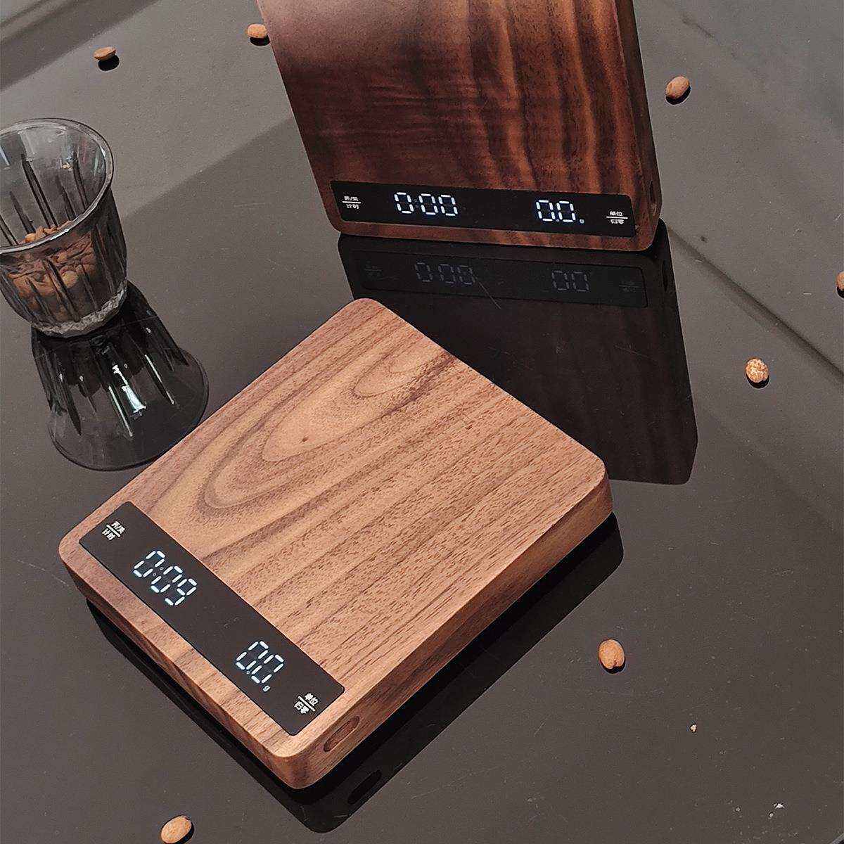 胡桃木意式咖啡电子秤实木手冲咖啡秤计时厨房秤五种操作模式5Kg