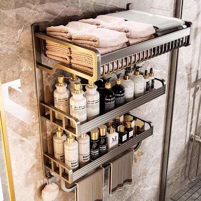 打孔浴室毛巾架置物架卫生间壁挂免一体架子KASA浴巾架太空铝德国