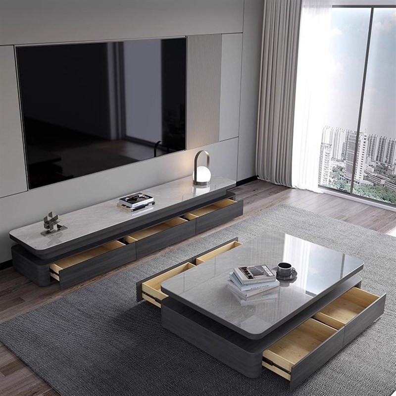 新款意式极简岩板茶几电视柜客A厅家用轻奢高级感长方形实木茶几