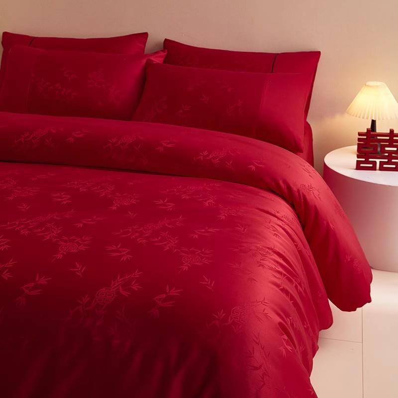结婚四件套大红色婚庆床上用品高端提花被套新婚床单床笠婚嫁喜被