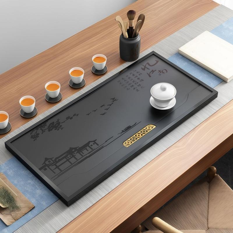 天然整块乌金石茶盘单盘石材一体石板简约家用客厅茶台石头茶托盘