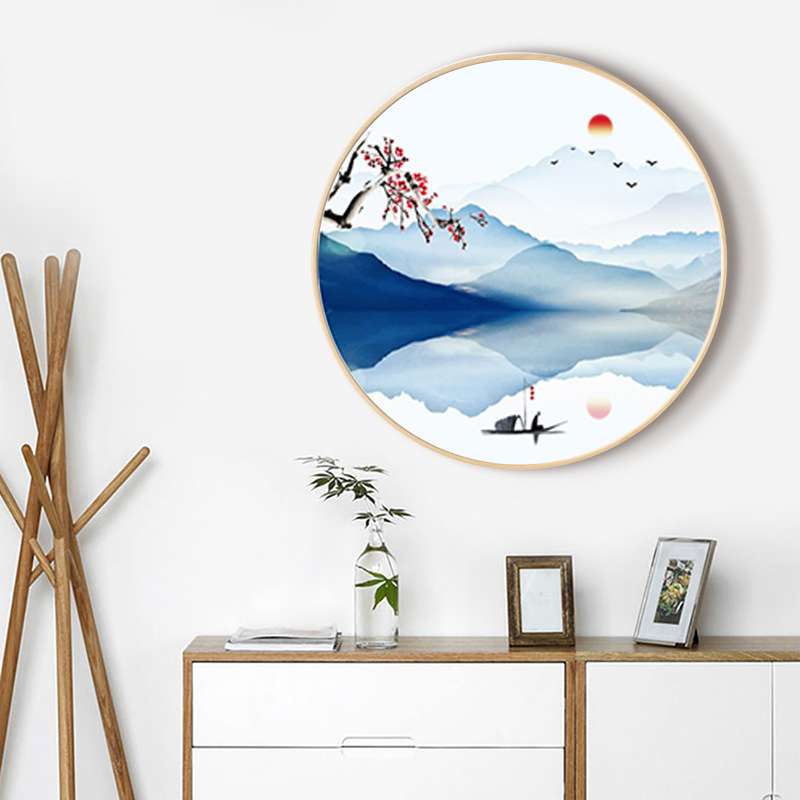 新中式实木圆形装饰画客厅入户玄关挂画卧室沙发书房茶室实木挂画图片