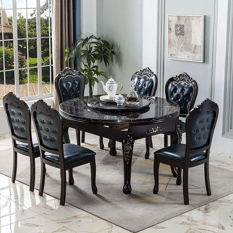 大理石伸缩圆桌折叠圆桌长方形家用吃饭餐桌椅组合实木桌子小户型