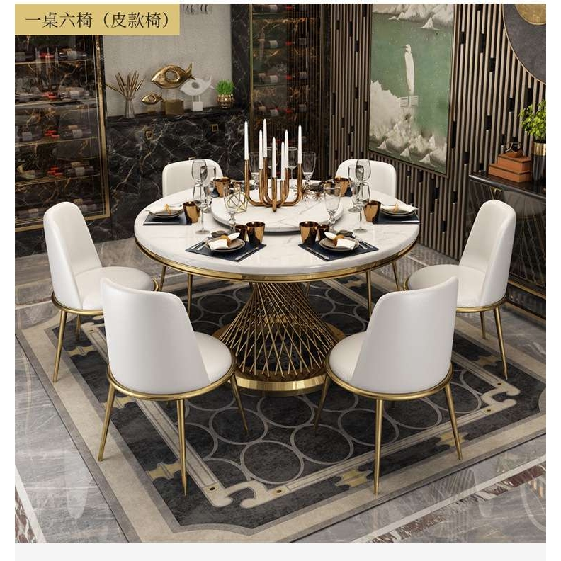 轻奢大理石餐桌现代简约圆桌椅组合6-10人位饭桌家用小户型带转盘