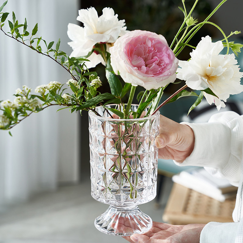 欧式加厚水晶透明玻璃花r瓶轻奢高脚创意水养鲜花客厅餐桌插花装