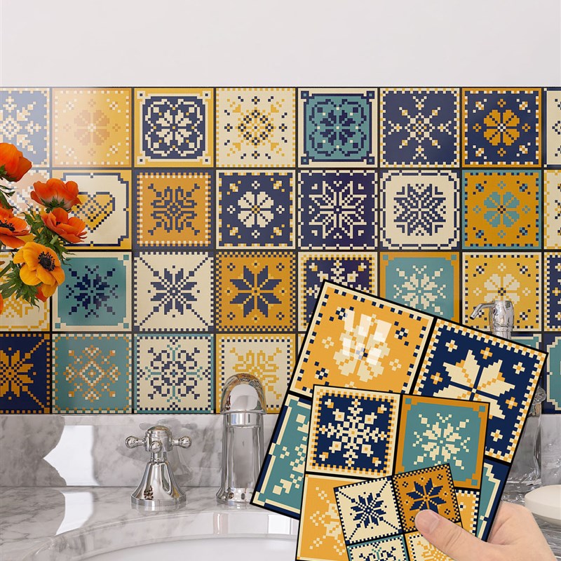 一套10片高亮水晶复古花砖纹化妆F室防水自黏贴纸厨房防油壁纸