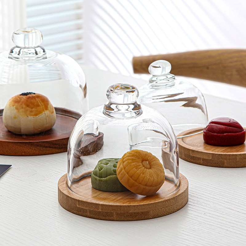 中式点心盘精致月饼摆盘q小果盘子甜点托盘糕点盘带盖玻璃罩茶点