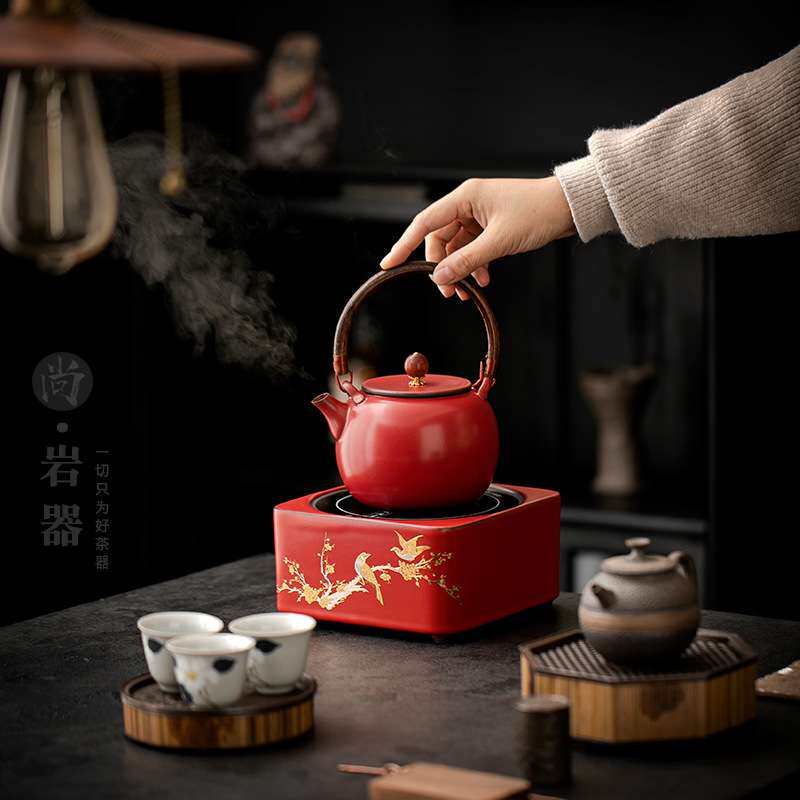 复古红色提梁壶煮茶壶家用带过滤泡茶壶单壶围炉煮茶器电陶炉陶壶