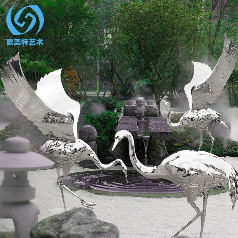 中式户外不锈钢镜面仙鹤雕塑园林景观酒店大堂门动物落地浮雕摆件