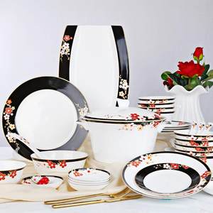 思佰得 诗情画意56件骨瓷餐具黑边碗碟套装家用馈赠搬家盘碗