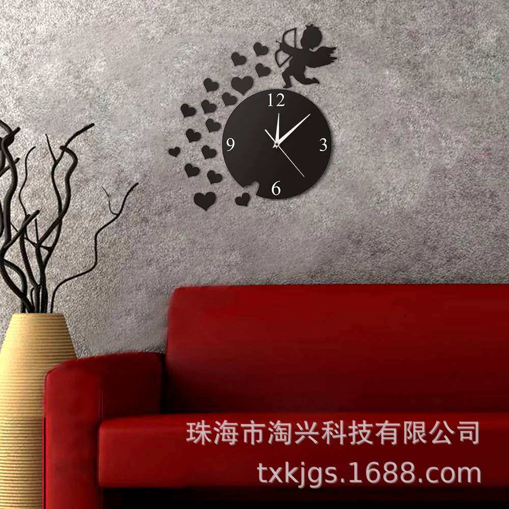 分离挂钟丘比特箭头心形小天使时钟家居装饰丘比特爱当代黑色墙钟
