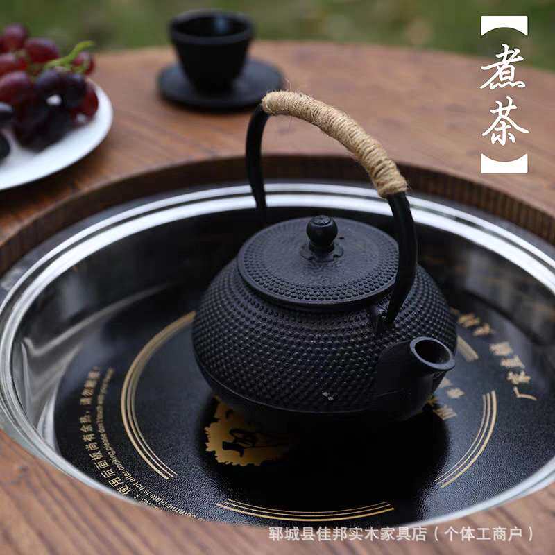 老榆木围炉煮茶桌实木小圆桌原木餐桌火锅桌家用茶几地桌火锅桌子