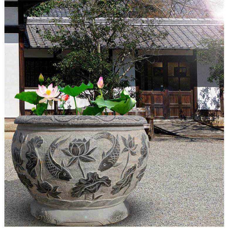 石盆中式圆缸仿古石槽大石缸石雕鱼缸花盆青石庭院水缸石头荷花鱼