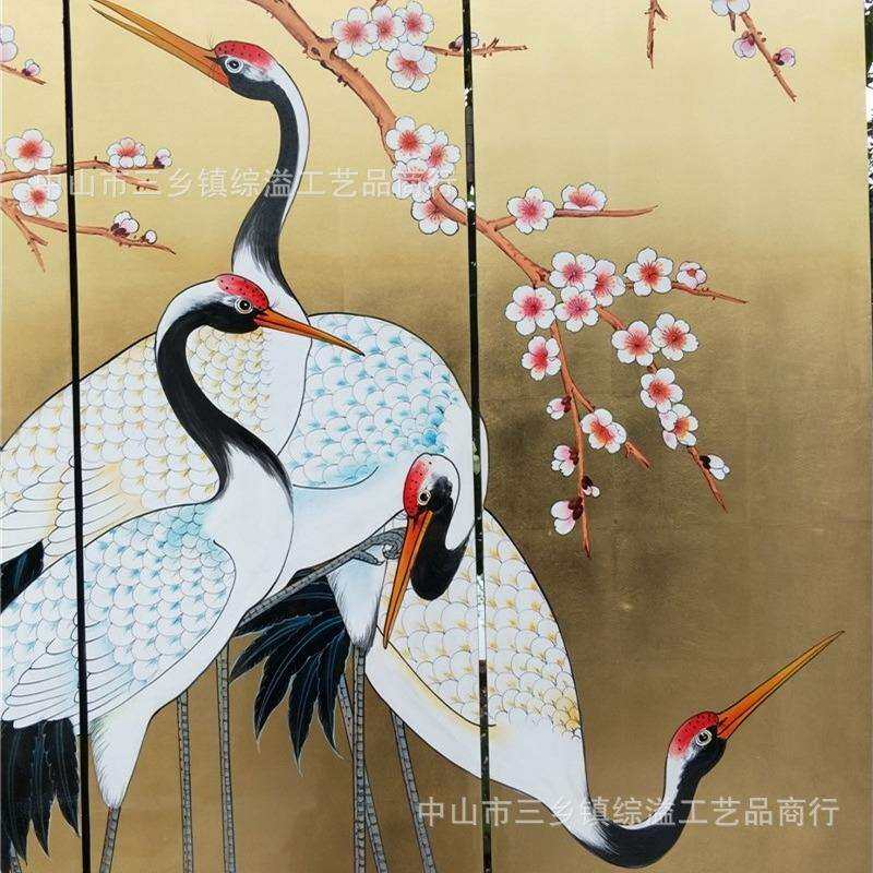 金箔手绘梅花仙鹤客厅沙发背景装饰隔断酒店餐厅移动折叠中式屏风