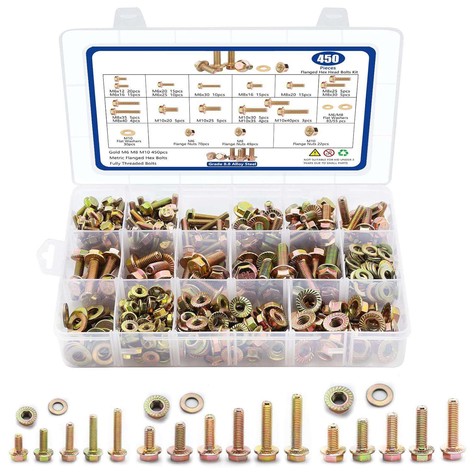 450pcs高强度彩锌法兰螺栓8.8级平垫圈螺母套装 六角法兰螺栓盒装
