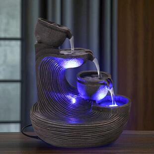 禅意树脂罐台式流水摆件循环水带灯办公室桌面流水生财摆件装饰品