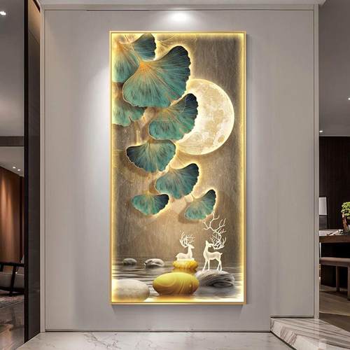 现代轻奢玄关入户装饰画银杏叶客厅走廊过道挂画复古麋鹿壁画灯画