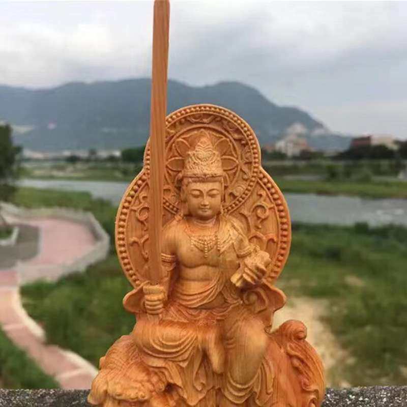 崖柏木雕刻文殊普贤菩萨车摆件 华严三圣居家供奉像生肖守护