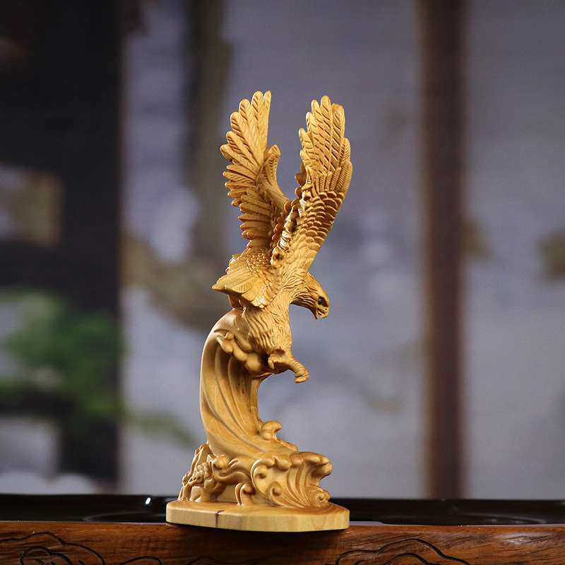 黄杨木雕大展宏图雄鹰展翅木质工艺品家居书房办公室桌面装饰摆件
