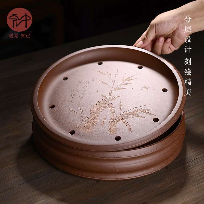 宜兴紫砂茶盘托盘 纯手工双层储水式圆形茶海小干泡茶台茶具