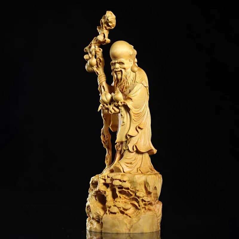 黄杨木拿寿桃寿星摆件实木一体雕刻寿星文玩传统雕刻工艺客厅饰品图片
