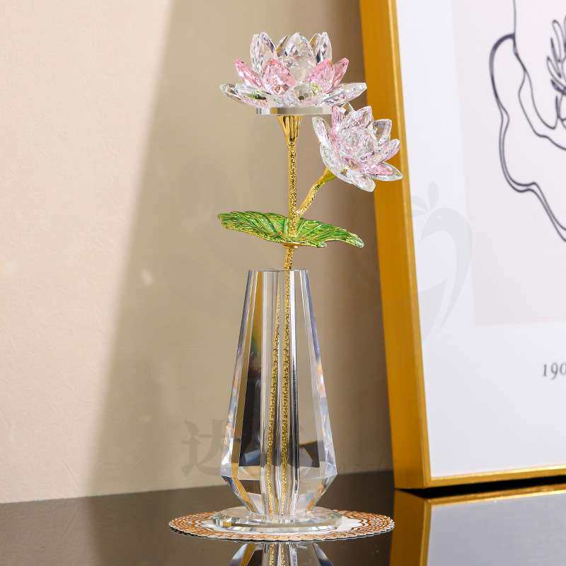 厂家 水晶玻璃工艺品莲花荷花摆件客厅办公桌家居卧室装饰品