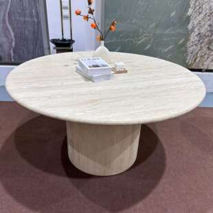 天然白洞石茶几大理石客厅简约黄洞石创意圆形中古风实心餐桌厂家