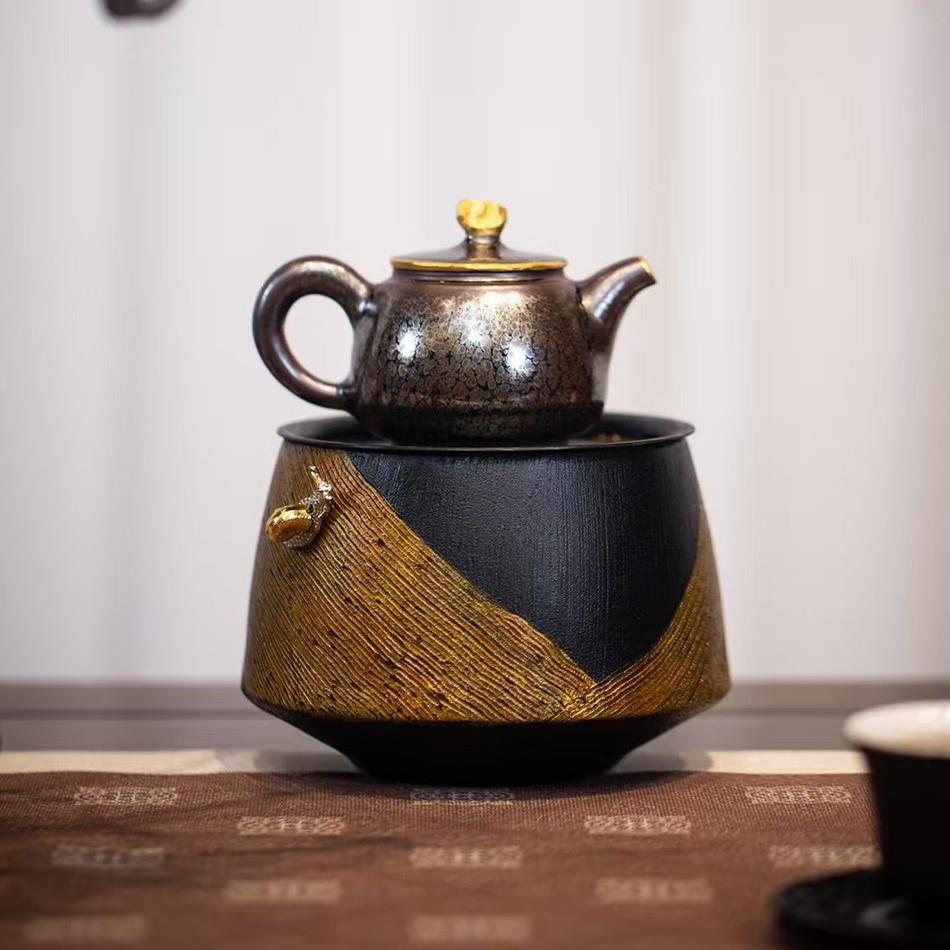 大漆老铁水方复古水洗茶台建水茶洗壶承干泡台茶海