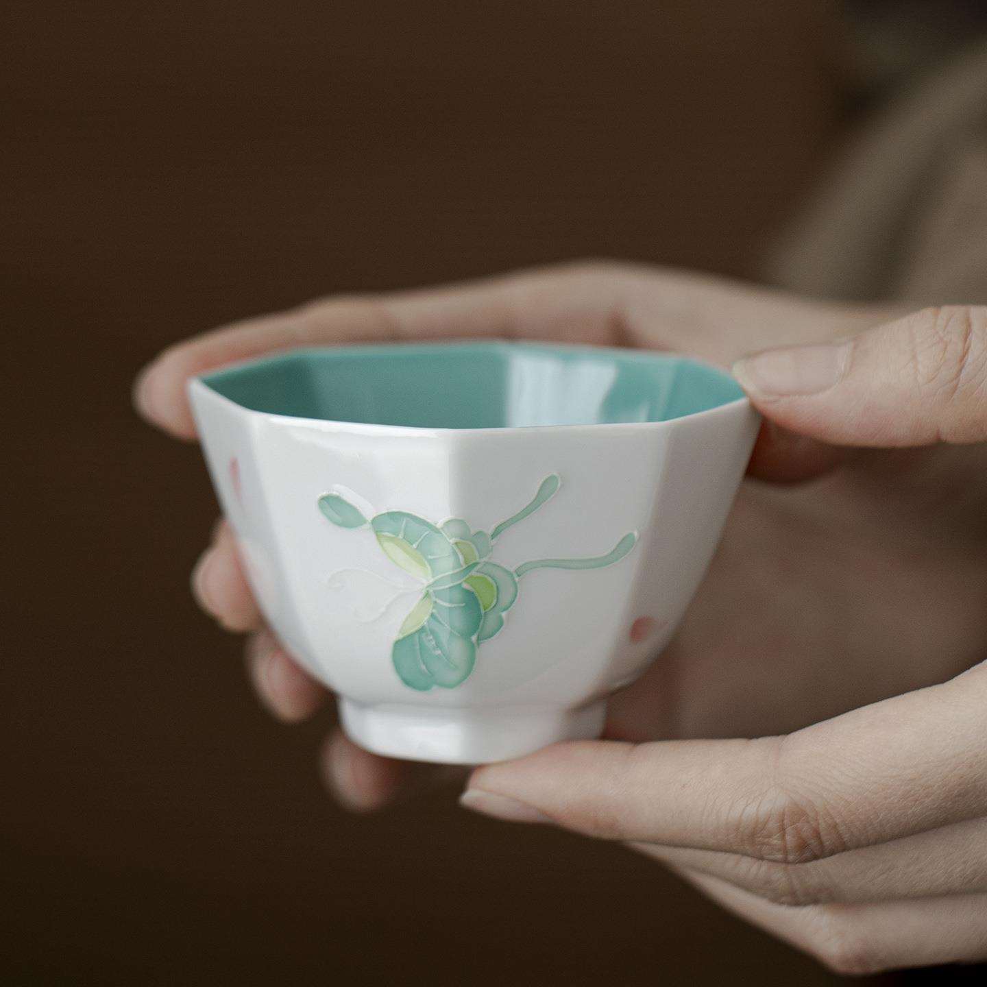 手绘浮雕蝴蝶恋花主人杯松石绿色茶杯陶瓷专用喝茶家用茶具品茗杯