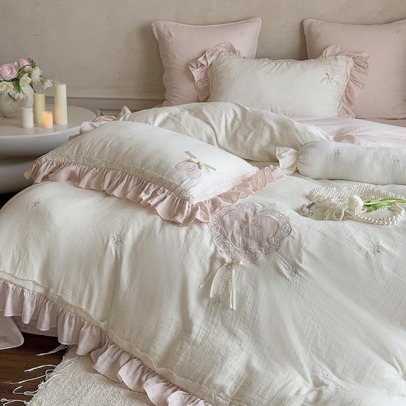 少女心超柔全棉双层纱四件套法式蕾丝花边刺绣被套亲肤四季款床品