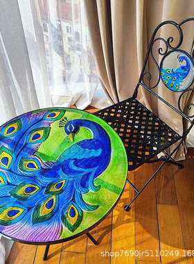 MAGRACE HOME蓝绿孔雀玻璃铁艺茶几2款复古美式户外客厅装饰摆件